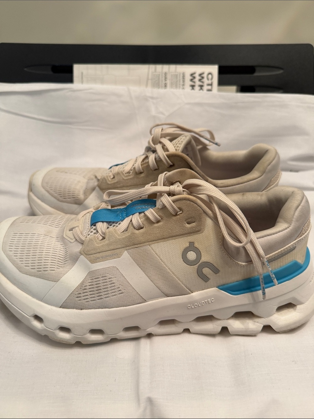 Neutral Cream Athletic Sneakers with Blue Tongue Stripe